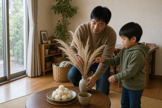 親子ですすきを飾る十五夜の準備