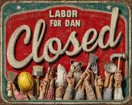 Vibrant "Closed for Labor Day" sign with diverse hands holding various tools like hammer, whisk, mouse, and hardhat
