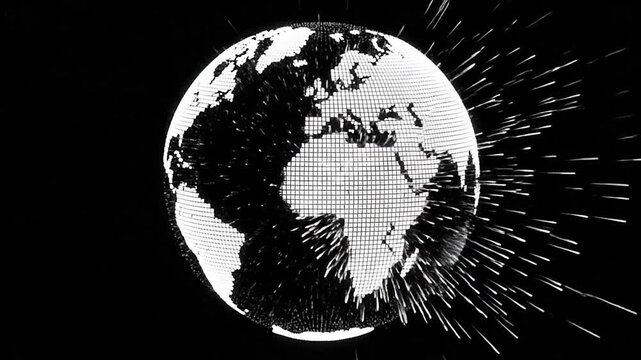 A digital wireframe globe glows against a dark background