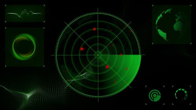 High-tech military radar screen is scanning air traffic and sea area boats and ships with artificial intelligence alert with red dots