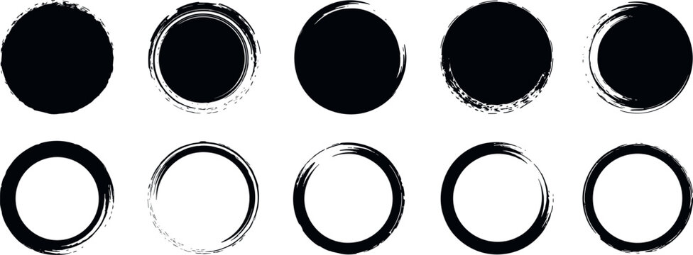 Collection of ten black ink brush stroke circles and rings on white background