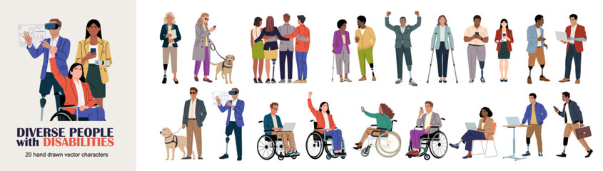 Obraz na płótnie Canvas Diverse people with disabilities character set featuring wheelchair users, blind people, prosthetic limbs, hearing aids, crutches, canes, service dog support and senior adults. 