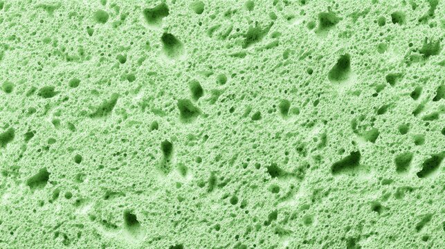 Close-up of a green textured surface with numerous pores and holes, resembling a porous material or foam, abstract vegetable background for kids