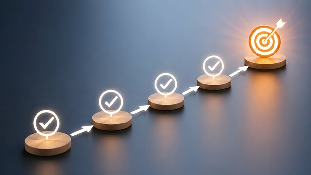Ascending wooden steps with glowing checkmarks leading to target bullseye, symbolizing milestone achievements, progress tracking and final goals