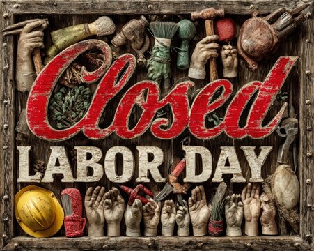 Vibrant "Closed for Labor Day" sign with diverse hands holding various tools like hammer, whisk, mouse, and hardhat