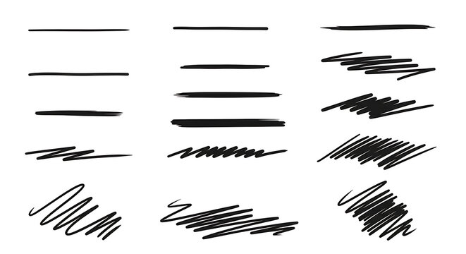 Artistic Collection of Hand-Drawn Doodle Underlines and Strikethrough Sketch Lines Featuring Various Thick Marker Dividers and Creative Scribble Elements Isolated on a Clean White Background Vector