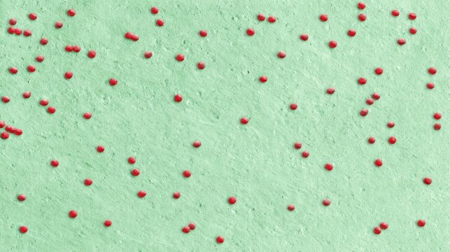 Red ladybugs scattered on a textured light green surface, a vibrant and natural contrast, abstract vegetable background for kids