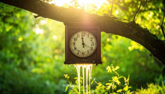 Surreal Melting Grandfather Clock Hanging From A Tree Branch With Numbers Dripping Down