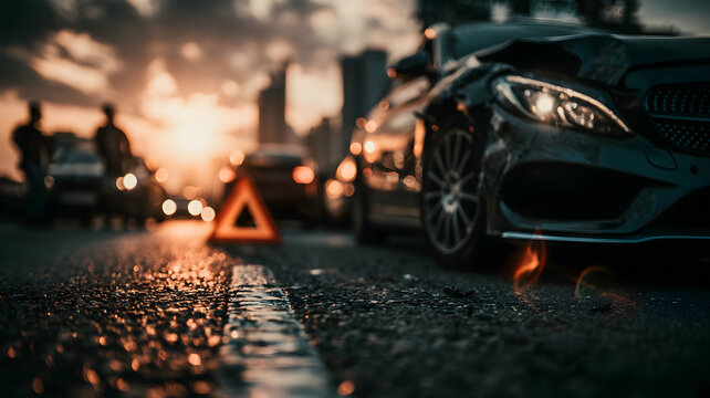 Damaged vehicles after a road traffic accident at sunset, with a warning triangle on the wet roadway highlighting collision risk, emergency response, insurance claims, and transportation safety concer