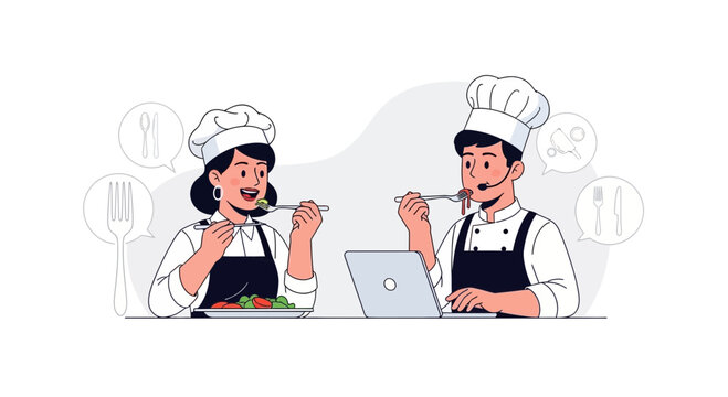 Two chefs in uniform tasting food while one uses a laptop, representing online cooking classes or food reviews.