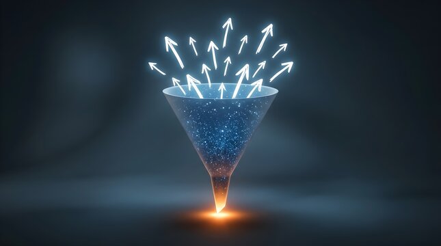 Luminous digital funnel releasing sparkling light particles and ascending arrows representing data processing and lead generation