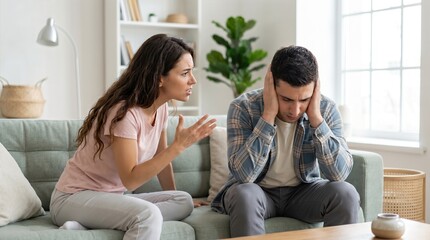 Fototapeta premium Woman in casual clothing expresses frustration while sitting on a couch next to a man who covers his ears, in a modern living room with plants and natural light