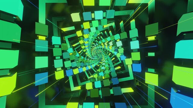 Hypnotic seamless VJ loop of a futuristic geometric spiral tunnel. Abstractvortex made of twisting blocks and digital structures, creating a deep perspective for stage screens and techno music events