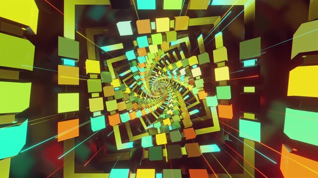 Hypnotic seamless VJ loop of a futuristic geometric spiral tunnel. Abstractvortex made of twisting blocks and digital structures, creating a deep perspective for stage screens and techno music events