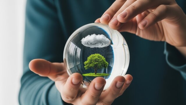 Hands holding clear glass globe containing small raining tree.