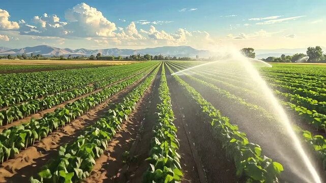 Automated irrigation systems water green crops in a vast agricultural field at sunset