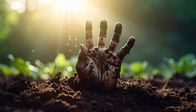 Human hand emerging from fertile soil like a plant, fingers uncurling under warm sunlight