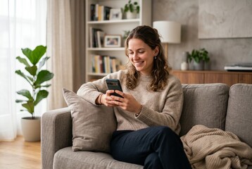 Obraz premium Smiling young woman relaxing on a cozy sofa at home while using a smartphone, enjoying a comfortable modern living room with natural light, plants, and a warm lifestyle atmosphere.