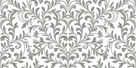 Seamless grey floral damask pattern on white background, symmetrical scrolling vine motif © Roy's Bibek