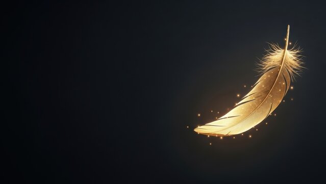 Luminous golden feather drifting slowly against pitch black background.