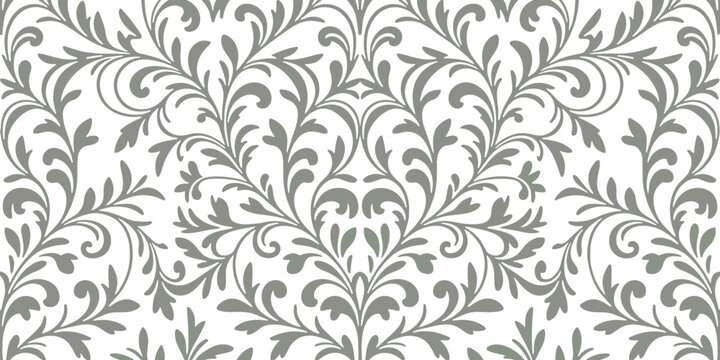 Seamless grey floral damask pattern on white background, symmetrical scrolling vine motif