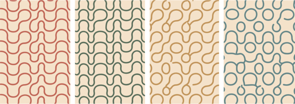 Four seamless patterns with wavy lines and circles in muted colors on a cream background, texture