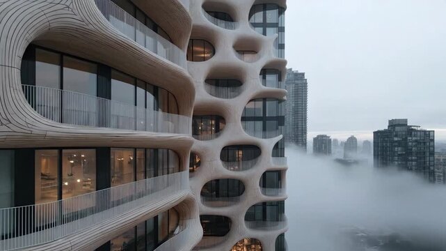 Tall high-rise building architecture with unique organic curved facade stands amidst dense urban fog, showcasing contemporary structural design elements above city landscape.