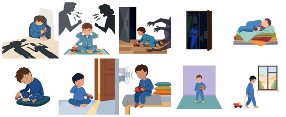 Fototapeta premium Childhood trauma and domestic conflict concept illustration set showing a boy experiencing fear, loneliness, and anxiety at home.