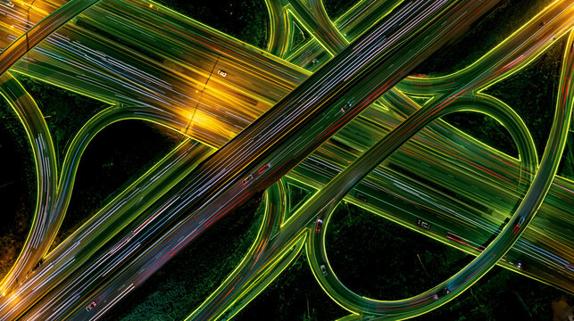 Stunning aerial drone view of a massive multi-level freeway interchange at night, featuring a complex network of roads with glowing green and yellow light trails from high-speed traffic.