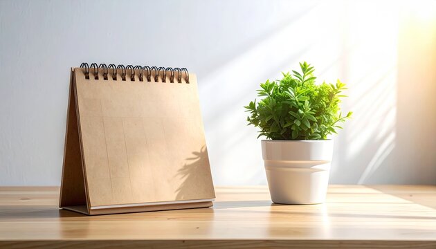 Blank desk calendar and small potted plant on sunlit wooden table