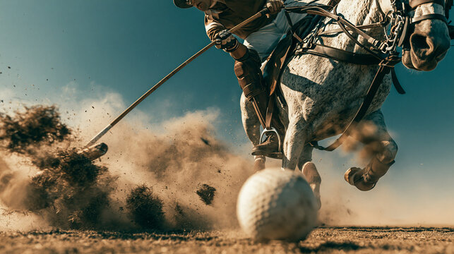 Action-packed shot of a polo player on a grey horse striking the ground with a mallet, sending dirt flying while a white ball is blurred in the foreground during a professional competition.