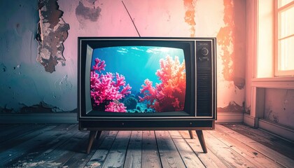 Fototapeta premium Old fashioned black and white television set displaying a vibrant underwater coral reef scene