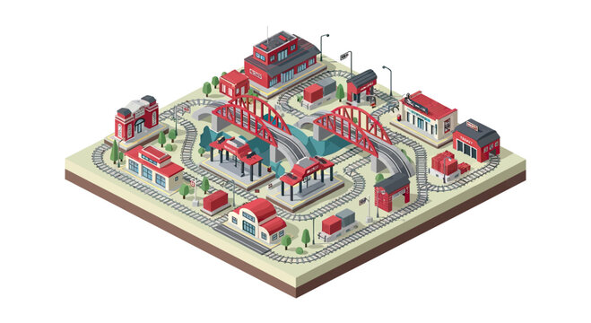 Isometric Miniature Railway Layout with Train Tracks, Bridges, and Industrial Buildings for Logistics and Transport Concepts