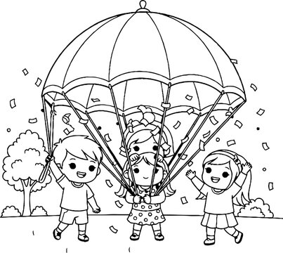 Joyful children playing under large parachute outdoors.