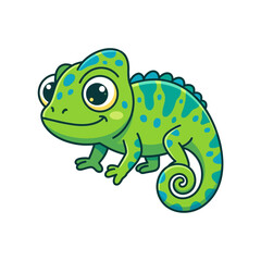 Fototapeta premium Cute cartoon chameleon big eyes green blue body white background