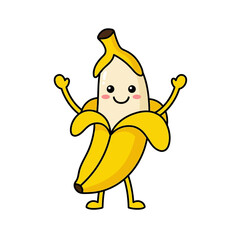 Obraz premium Happy banana character with peel in minimalist fruit cartoon style