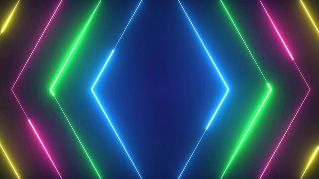 Neon glowing rhombus tunnel abstract background, with pulsing colorful, light lines