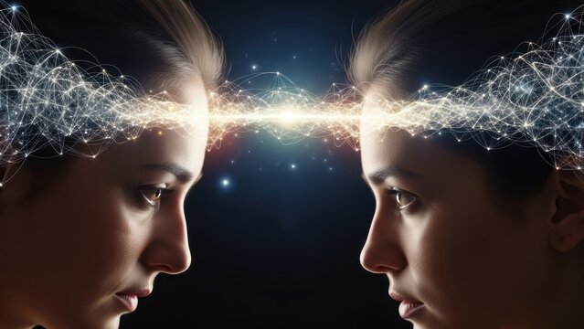 Glowing neural energy connecting two human faces in dark space.