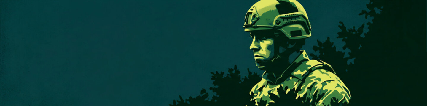 Soldier in tactical helmet and camouflage gear standing in a forest. High-contrast graphic illustration of a military professional. Defense concept ideal for recruitment and security marketing.