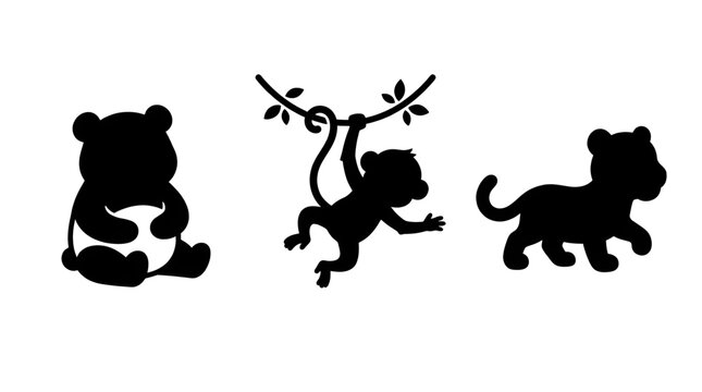 Silhouettes of cute baby wild animals featuring a sitting panda, a hanging monkey, and a walking tiger cub