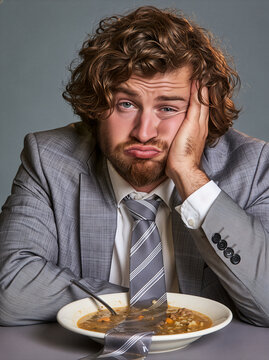 Exhausted office worker with tie dipped in soup, humorous satirical scene symbolizing frustration, bad day, discouragement, the ironic struggle of bland everyday life when effort no longer pays off