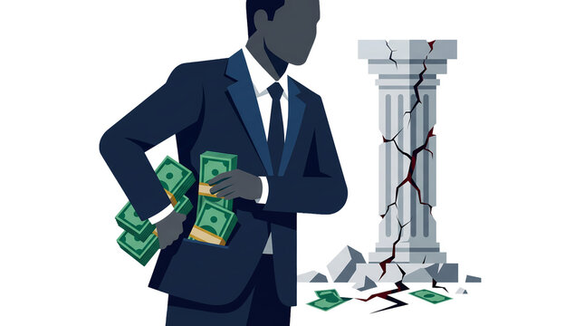 Corrupt politician hiding bribe money in pocket with crumbling pillar representing systemic decay
