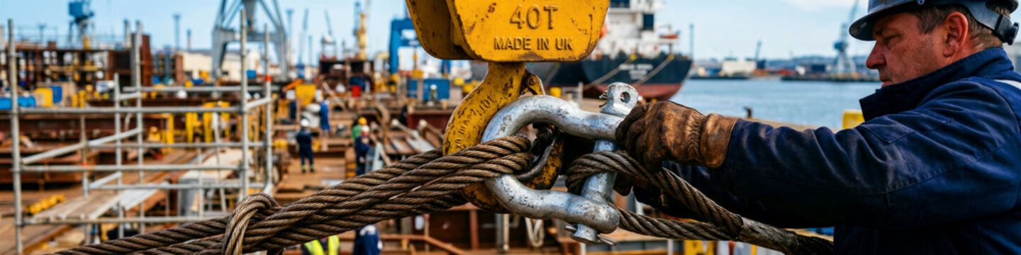 Worker securing cables to a crane hook at a shipyard. Professional rigger performing heavy lifting in a maritime port. Logistics and safety concept for industrial transport marketing.