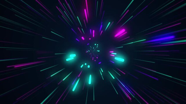 Neon light speed tunnel abstract background, hyperspace warp motion effect