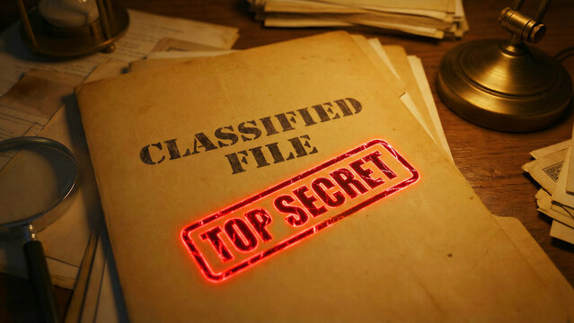 Top secret classified file folder on a vintage wooden desk. Old document features a glowing red stamp and weathered texture. Espionage concept for mystery and security storytelling.
