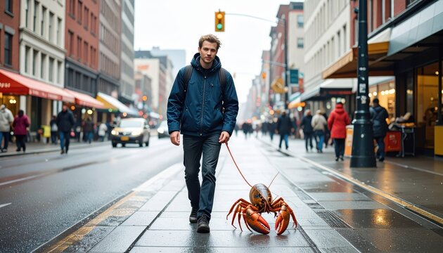 Man Casually Walking a Lobster on a Leash Down a Busy City Sidewalk