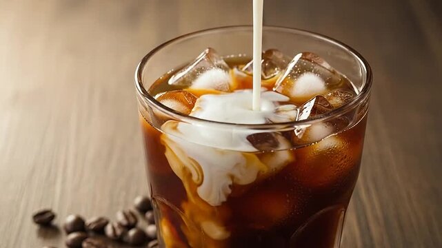 Fresh milk is being poured into a glass of cold iced coffee on a wooden table