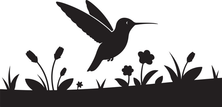 Hummingbird Silhouette Flying Over Flowers