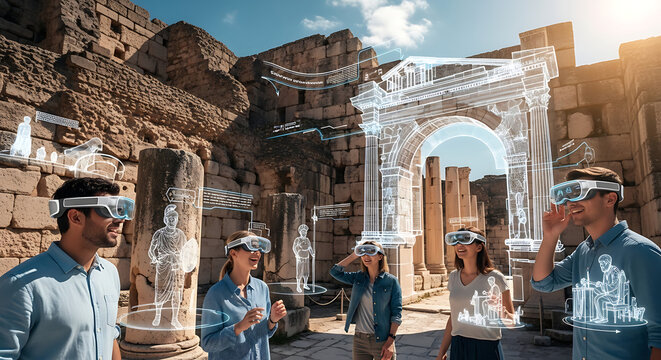 Travelers wearing advanced augmented reality headsets explore ancient stone ruins while immersive digital historical visualizations and informative 3D overlays enhance their educational journey.