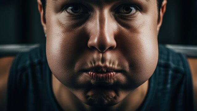Sweaty athletic man puffing cheeks holding breath under extreme pressure.